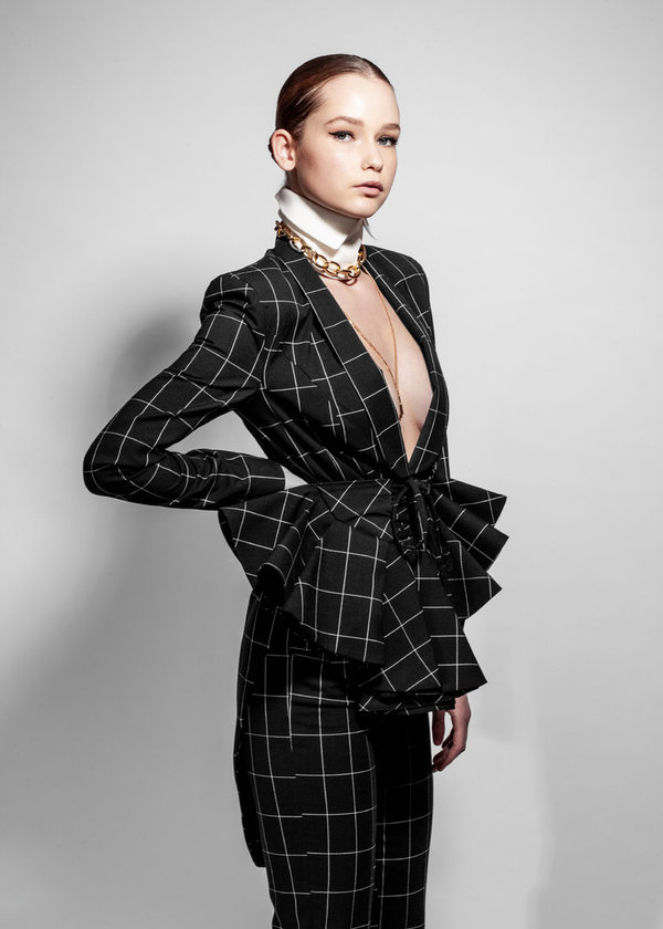 Black Checkered Wool Corset Suit Jacket