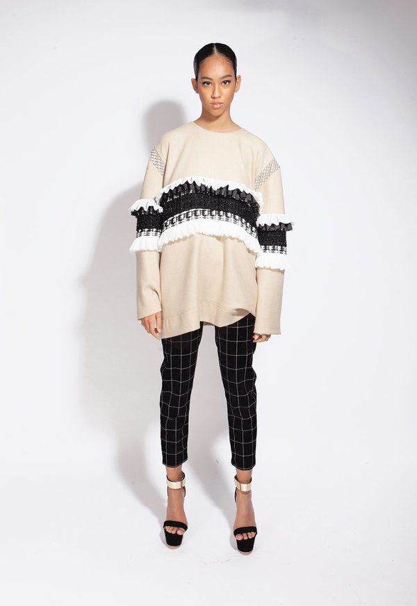 Beige Oversized Wol/Cashmere Sweater met Streeppatroon