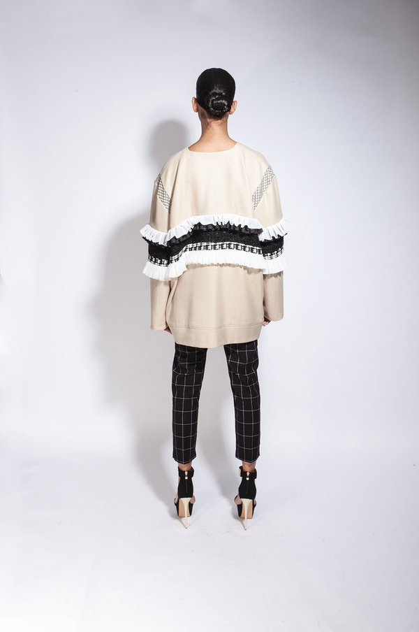 Beige Oversized Wol/Cashmere Sweater met Streeppatroon
