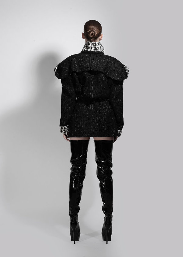 Zwart Metallic Wollen Mantel met Houndstooth Details