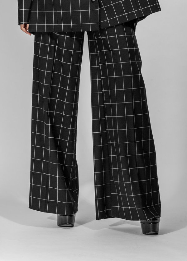 Black Checkered Wide 100% Wool Pants
