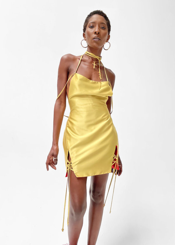 Halter Dress With Bare Back In Satin Gold