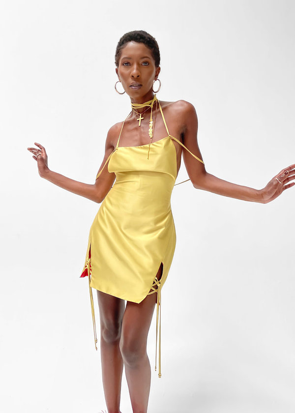 Halter Dress With Bare Back In Satin Gold