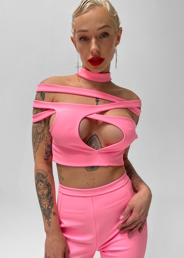 *COMPLETE SET* Cut-Out Strap Top + Pants Neon Pink